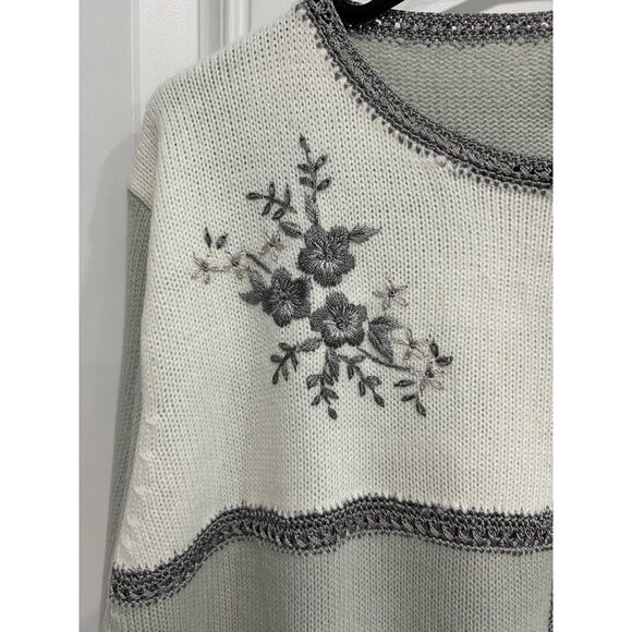 Vintage Jenny Patchwork Knit Sweater Floral Embroidery Gray White Size M - Picture 4 of 9